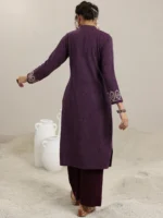 Wine Embroidered Wool Straight Kurta - Image 2