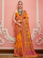 Womens Silk Blend Yellow Woven Design Saree with Unstitched Blouse
