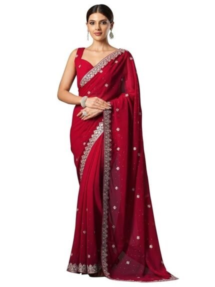 Women's Georgette Embroidered Saree With Unstitched Blouse