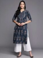 Blue Printed Cotton Straight Kurta